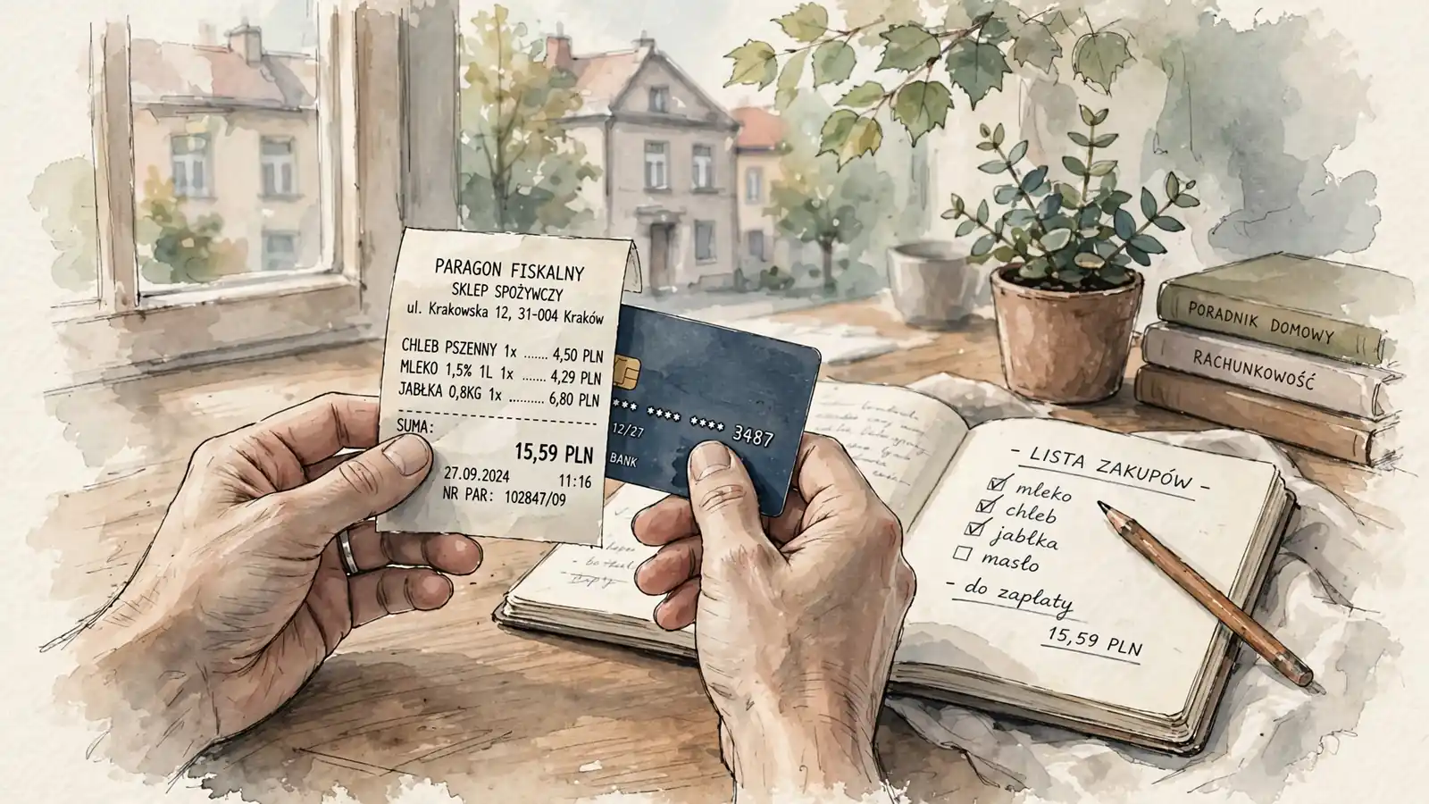 Ręce trzymające kartę bankową i paragon przy biurku w domowym biurze