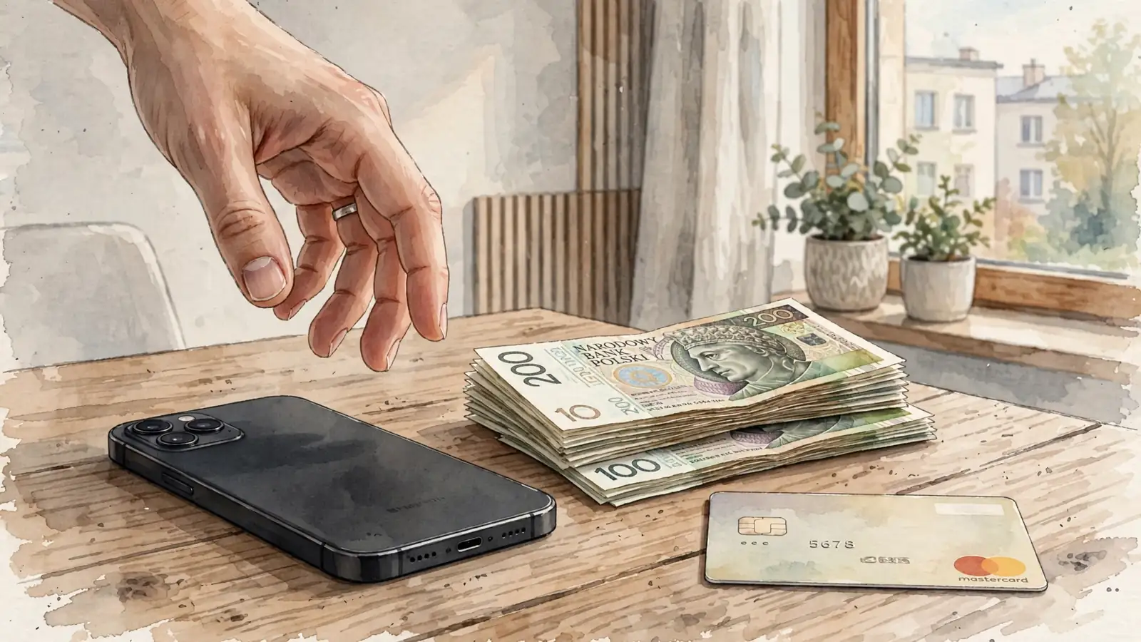 Telefon na stole obok polskich banknotów i karty w nowoczesnym wnętrzu.