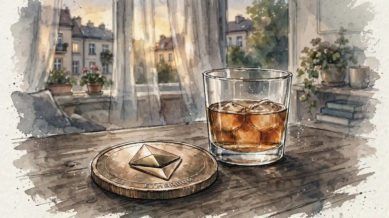 Moneta Ethereum na drewnianym stole przy szklance whisky w polskim wnętrzu.